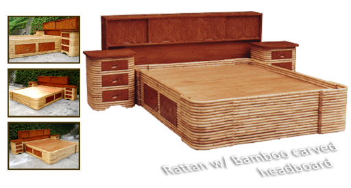 Rattan Bed w/ Bamboo Carved Headboard