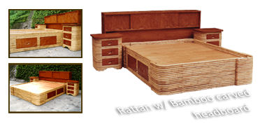 Rattan Bed with Bamboo Carved Headboard